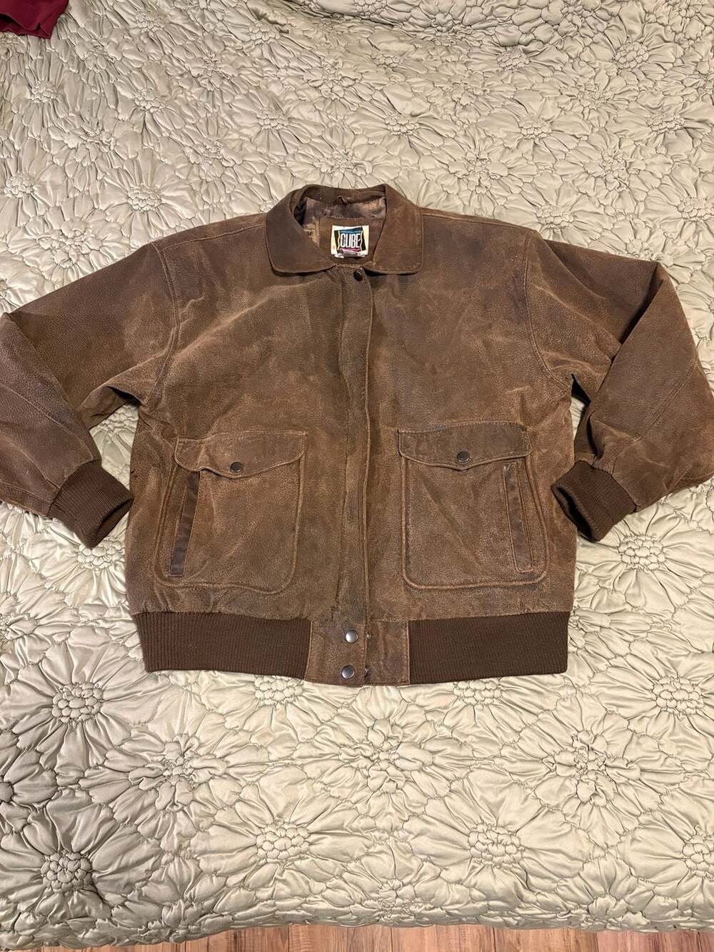 The Cube Suede Pig Skin Leather Bomber Jacket Size M Brown Vintage Flight Aviato
